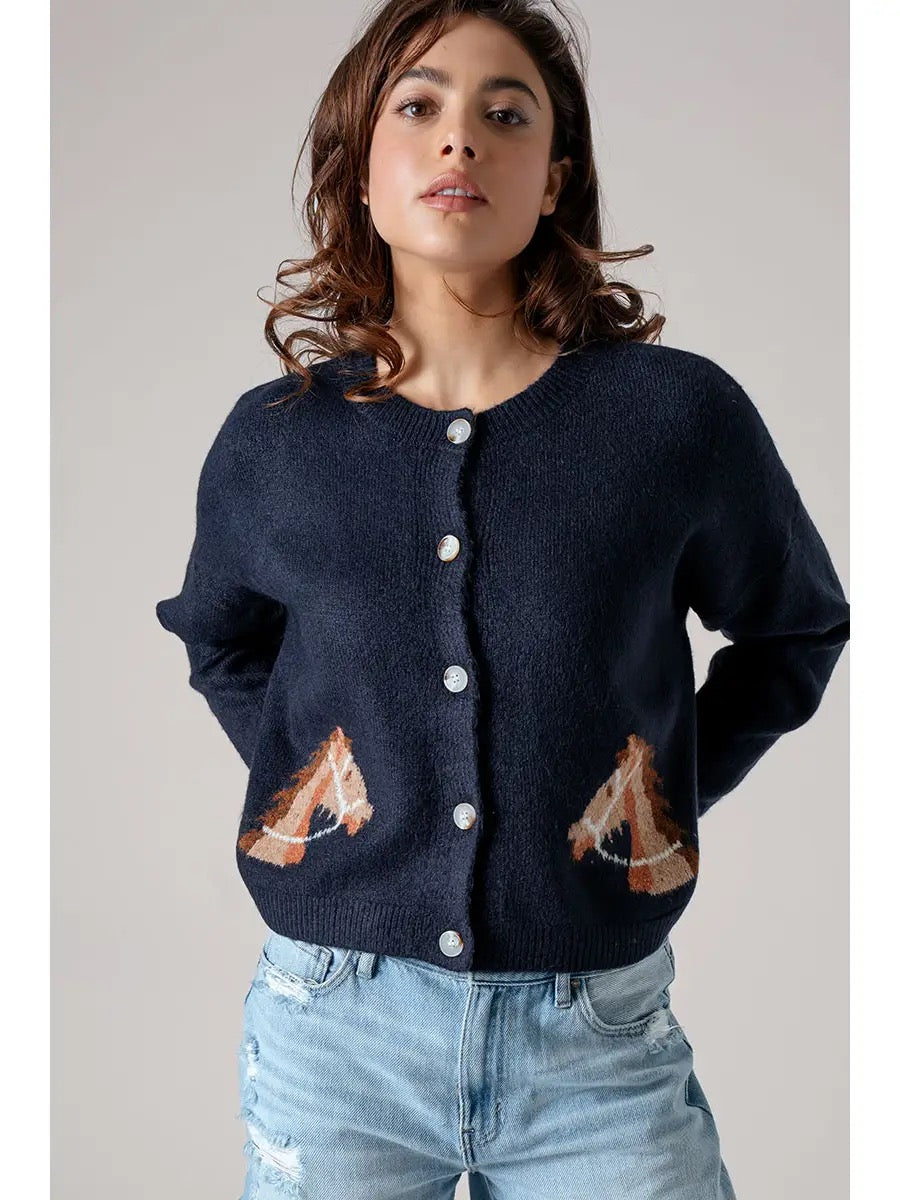 Western Horse Graphic Button Front Cropped Cardigan Sweater