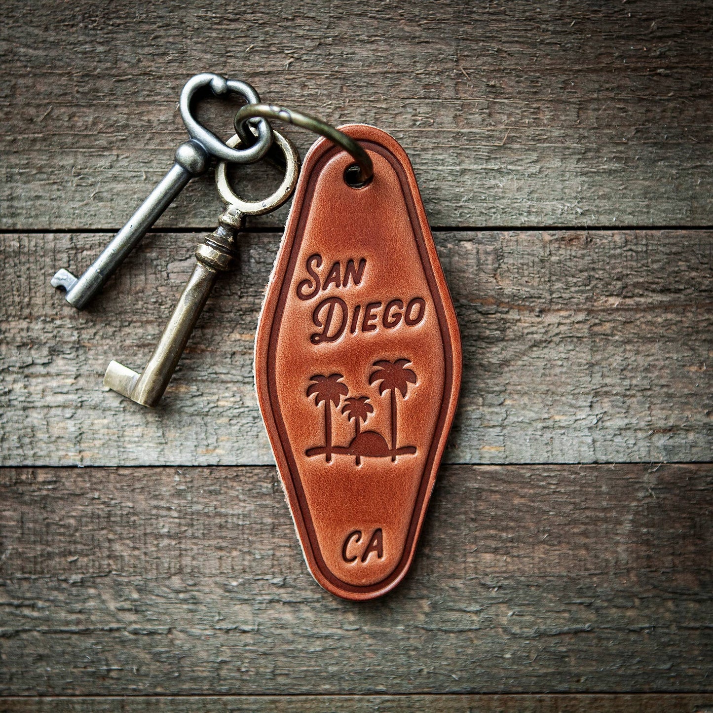 San Diego California Palms Leather Keychain