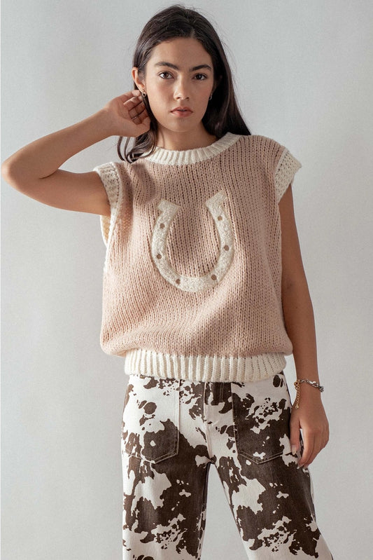 Western Horseshoe Crochet Knit Ribbed Trim Sweater Vest