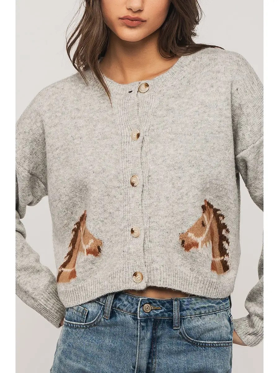 Western Horse Graphic Button Front Cropped Cardigan Sweater